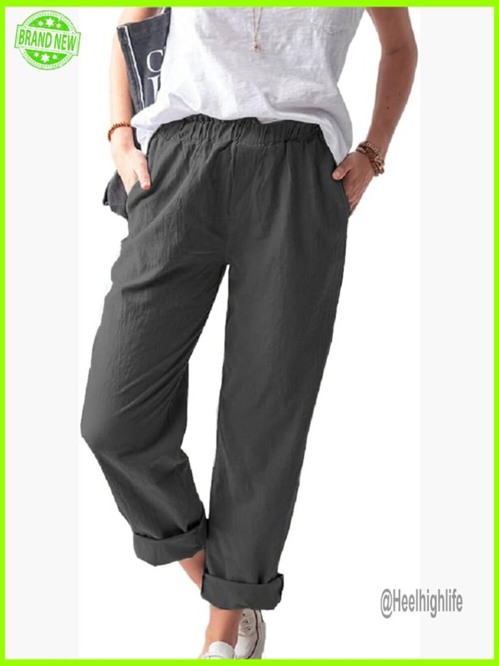 Straight Leg Casual Pants Elastic Waist Lightweight Polycotton Trousers